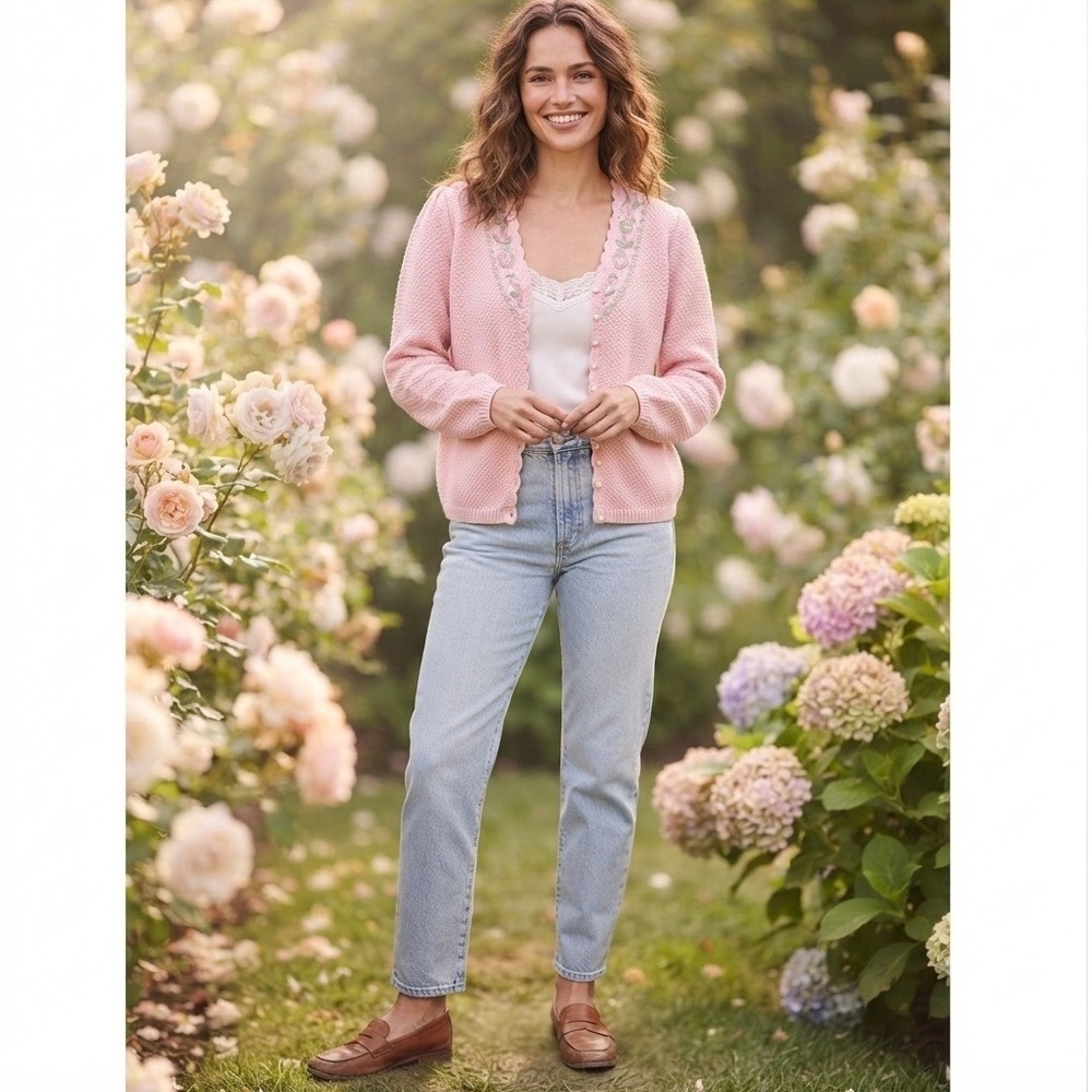 Maggie Lawrence Vintage Pink Floral Embroidered  Pearl‎ Button Sweater 26W